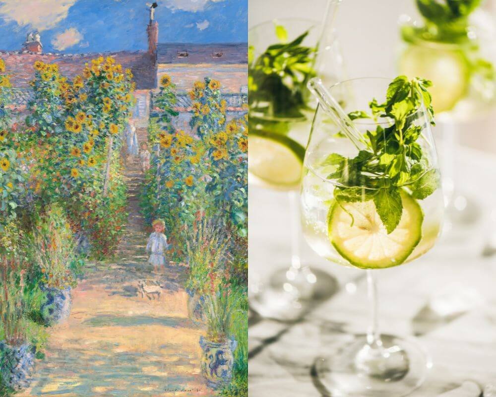 Monet's Artist's Garden at Vétheuil (1881) next to a Hugo Spritz Italian Cocktail
