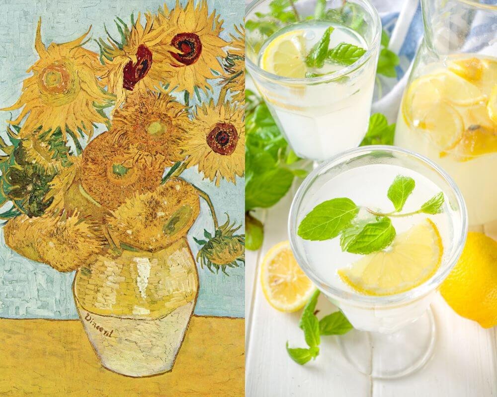Vincent Van Gogh's Sunflowers (1888) next to a Limoncello Spritz