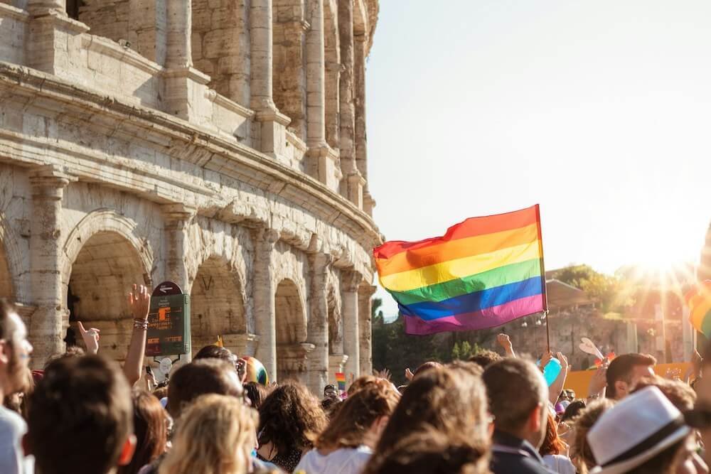 Photograph taken from outside the Colosseum during Rome's Gay Pride parade